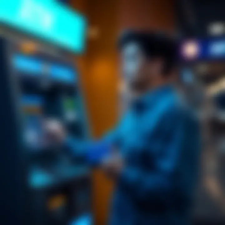 Individual standing in front of an ATM with a confused expression, holding a Coinbase card and looking at the screen, indicating a failed withdrawal.