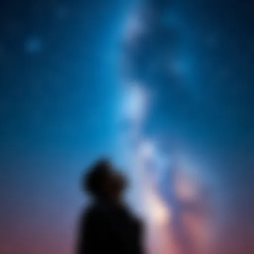 Individual looking up at a clear night sky filled with stars and galaxies, contemplating the universe
