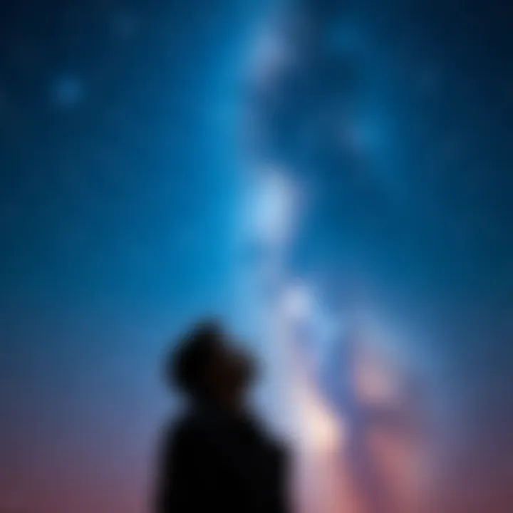 Individual looking up at a clear night sky filled with stars and galaxies, contemplating the universe