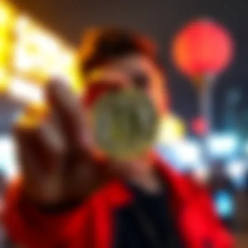 A person excitedly holding a Bitcoin in their hand, reflecting on past achievements in cryptocurrency.