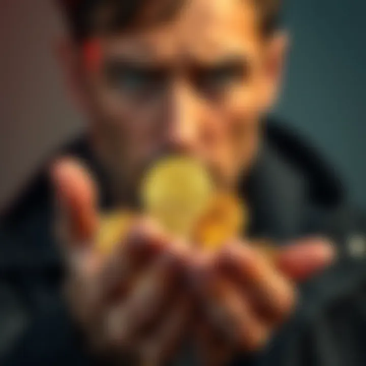 A person with an anxious expression holds a handful of shiny cryptocurrency coins with a worried look on their face, symbolizing the risks of investing life savings in crypto.