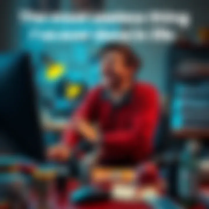 A person laughing while sitting at a desk cluttered with random, pointless items, reflecting on their silly activities.