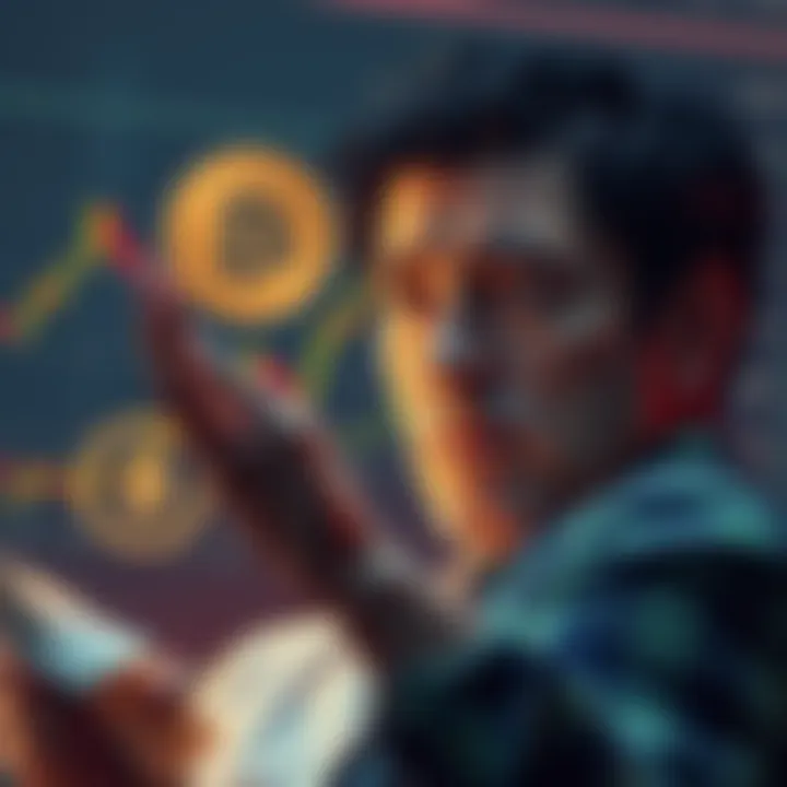 A person looking at a Bitcoin price chart with a worried expression, surrounded by bills and expenses, reflecting financial stress and desire to invest.