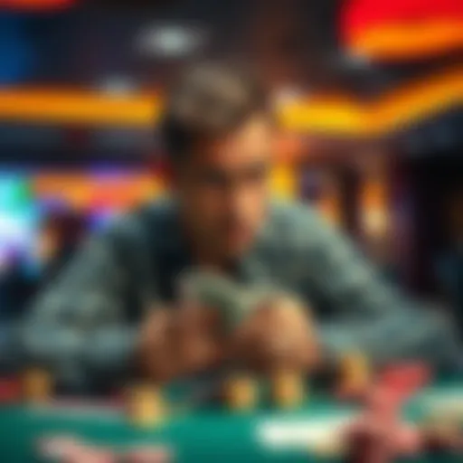 A person looks disappointed while examining losing cards and chips at a gambling table