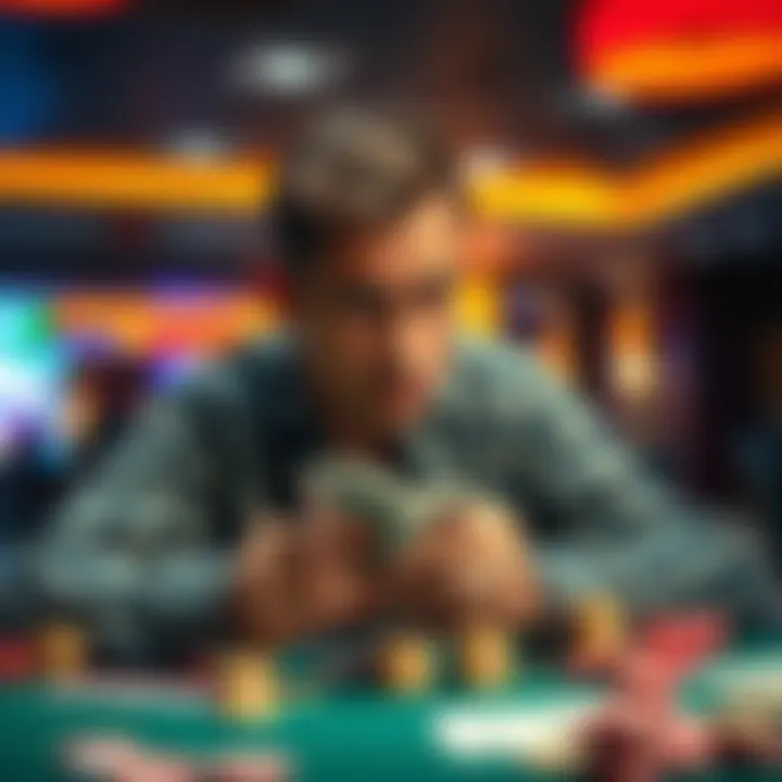 A person looks disappointed while examining losing cards and chips at a gambling table