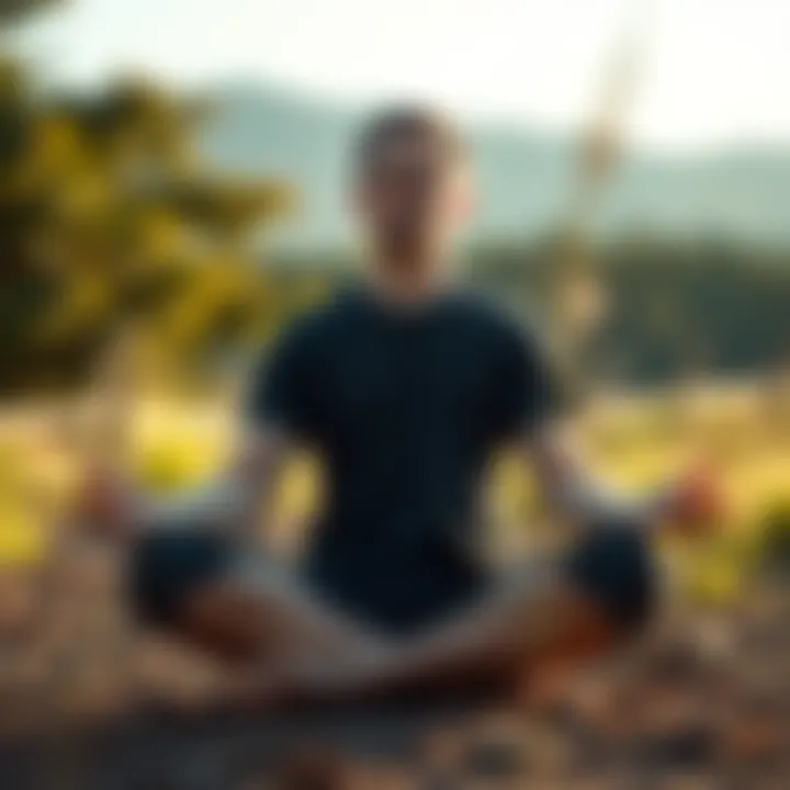 Individual sitting cross-legged, meditating outdoors with a peaceful expression, symbolizing healing and recovery from PTSD