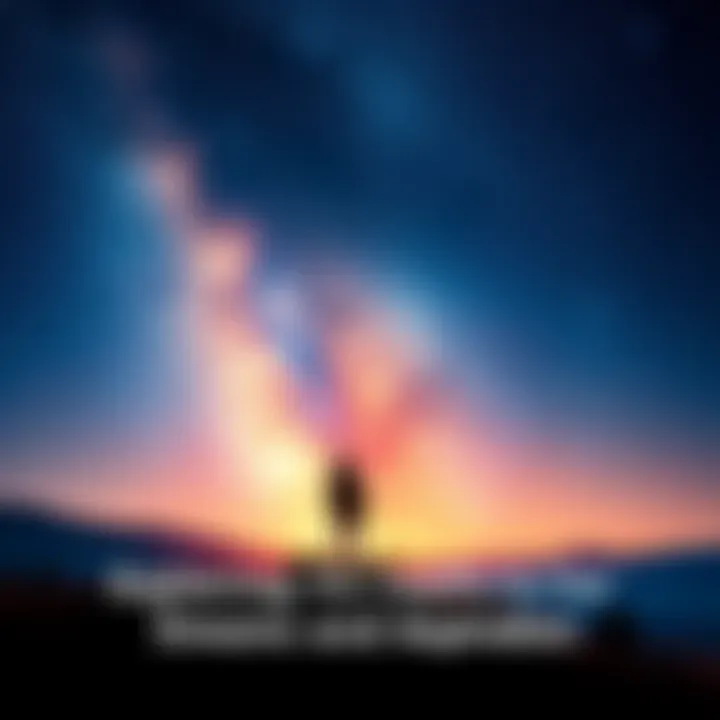 A person standing on a hill reaching upward toward a starry sky, symbolizing dreams and aspirations.