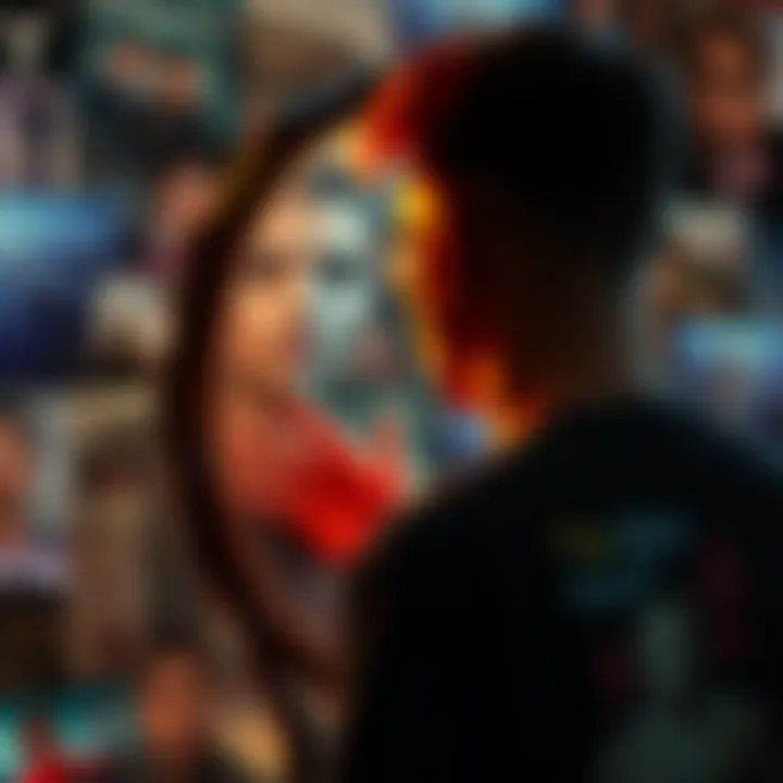 A person looking in a mirror, contemplating their identity while surrounded by images representing their life experiences.