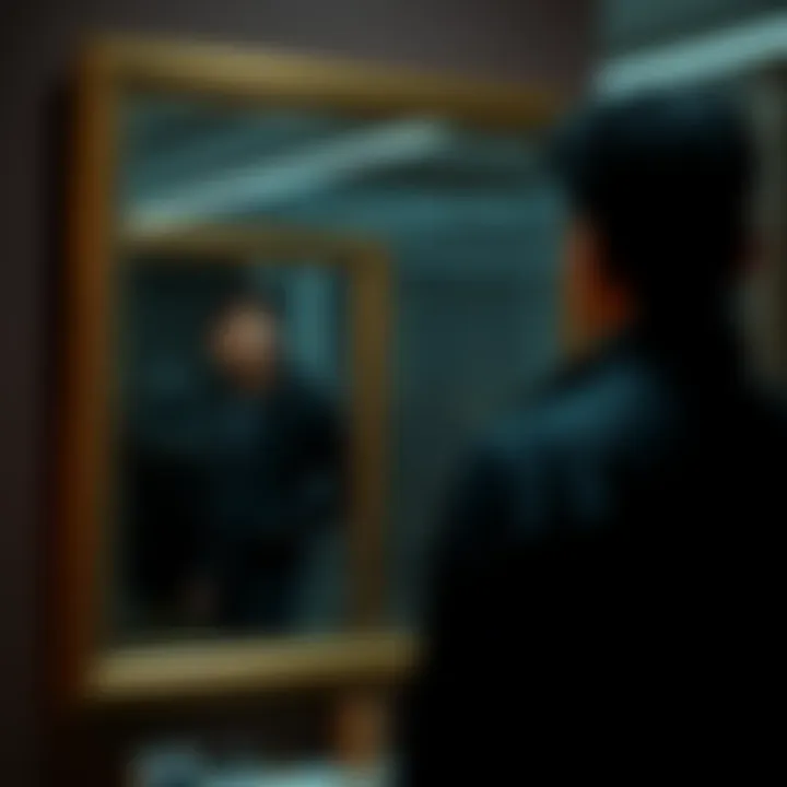 A person standing in front of a mirror, looking thoughtfully at their reflection, symbolizing self-reflection and personal growth.
