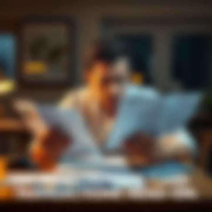 A person sitting at a table, looking worried while reviewing multiple card statements and financial documents
