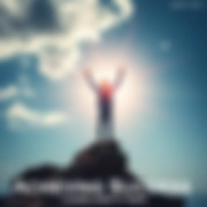 A person standing on top of a hill, arms raised in victory, looking towards a bright sky