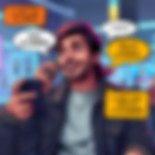 A person holding a phone with a playful smile, pretending to engage with a scammer, surrounded by humorous text bubbles