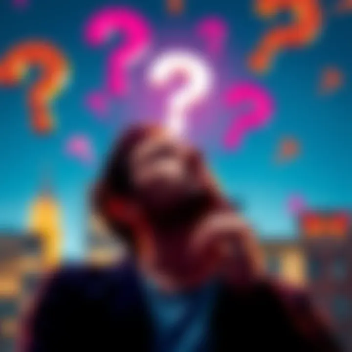 A thoughtful individual looking at question marks in the air, symbolizing clarity and communication challenges.