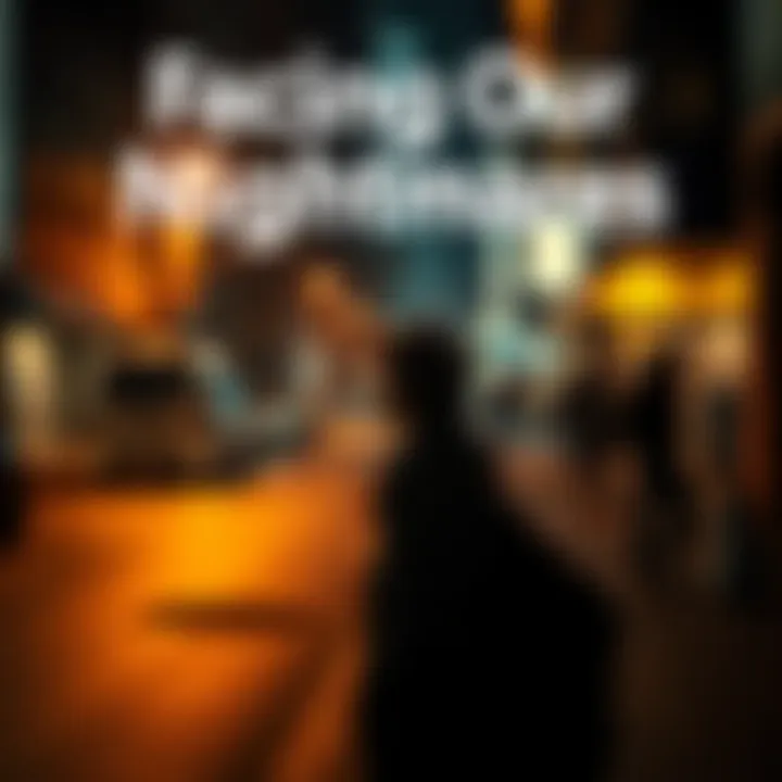 A person stands in a dimly lit city street, looking worried with shadows cast around, reflecting fears of current societal issues.