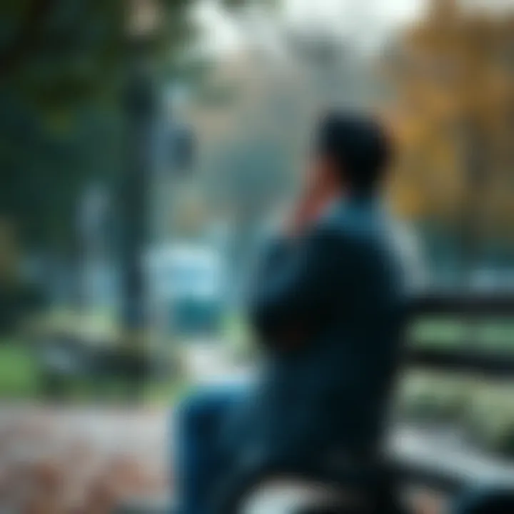A person reflecting on their life experiences and challenges while sitting on a park bench surrounded by trees and a calm atmosphere.