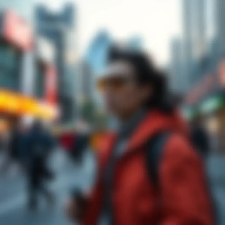 A person practicing safety tips while walking in an urban area, looking around and staying alert.