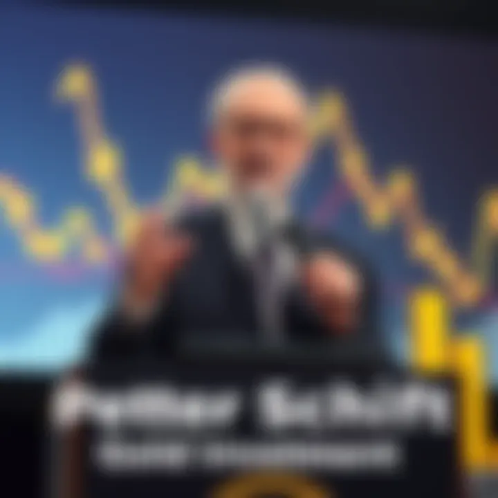 Peter Schiff speaking at a podium, emphasizing new ideas on gold investments, with graphs in the background