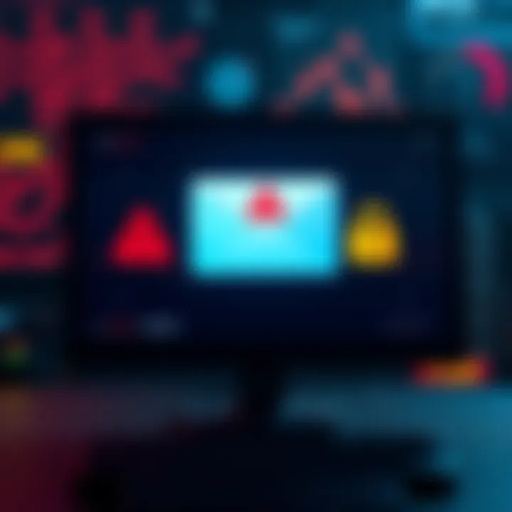 A computer screen displaying a suspicious email warning about a security vulnerability, with caution signs and a lock symbol.