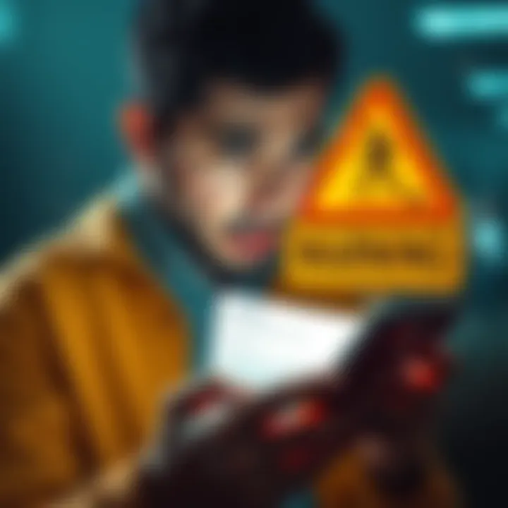 A person looking worried while reading a phishing email on their phone, with a warning sign in the background.