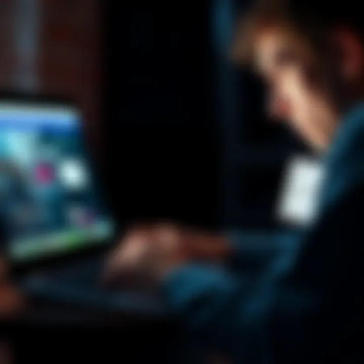 A user looking worried while using a laptop with a fake Booking.com site on the screen and a messaging app open showing no support from Revolut.
