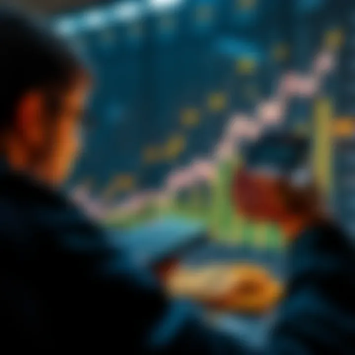 Person looking at a graph showing rising values of Pi Coins with a calculator in hand