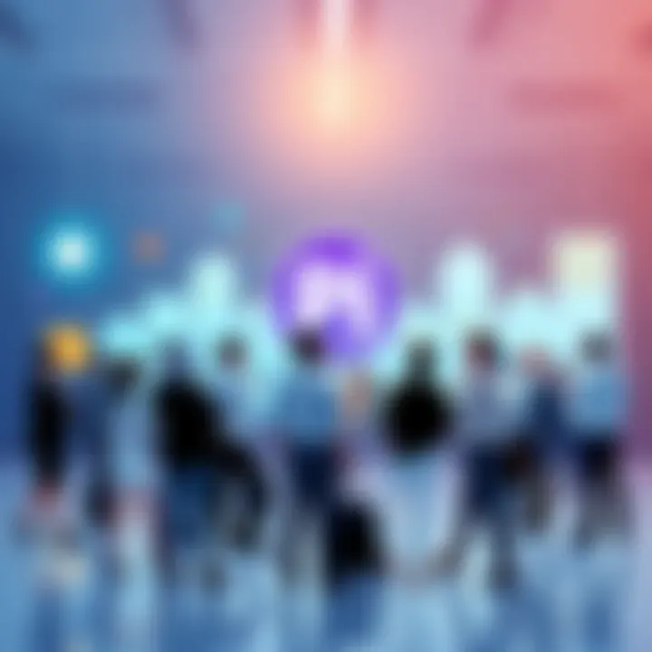 An illustration showing people discussing investment opportunities with digital technology elements in the background.