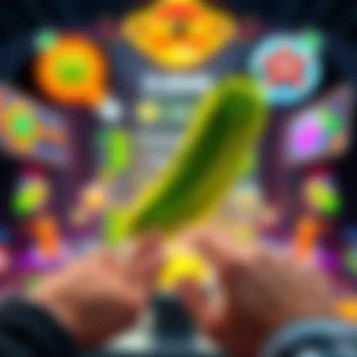 Screenshot of the Pickle Clicker game showing colorful graphics and clicking action