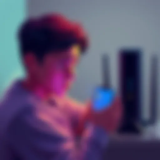 A frustrated person looking at a smartphone with loading screens for Google, Instagram, and Facebook, next to a router