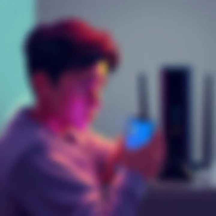 A frustrated person looking at a smartphone with loading screens for Google, Instagram, and Facebook, next to a router