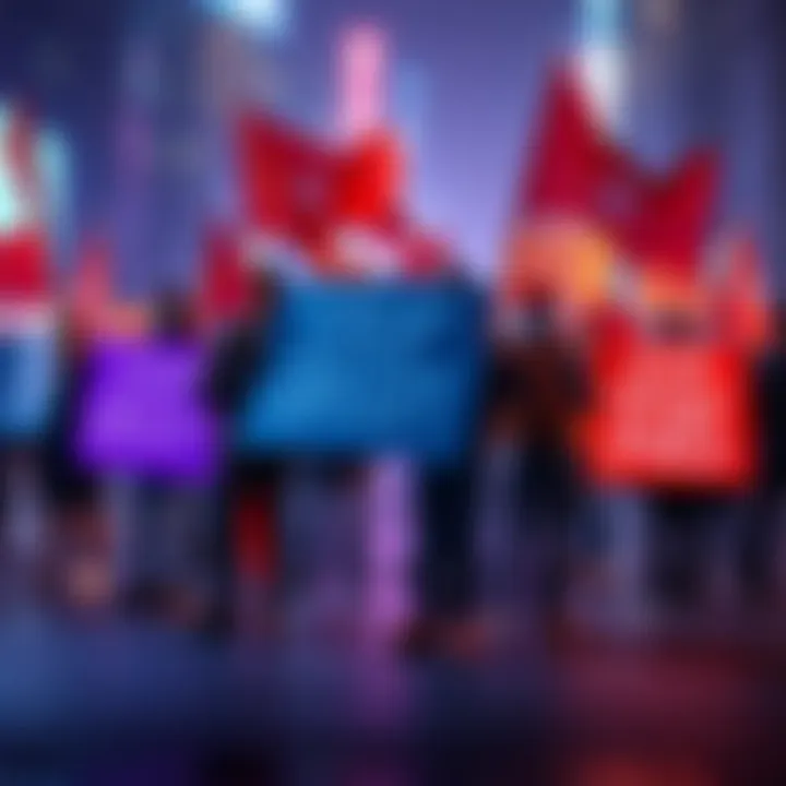 A group of digital pioneers holding banners that say 'Stop Greedy Ads' in a protest against invasive advertisements online.