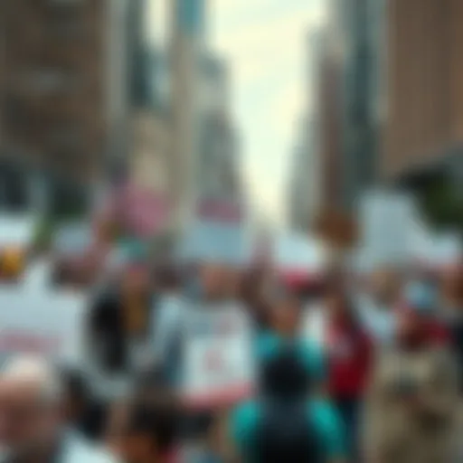 A diverse group of people holding signs advocating for political reform in a city square