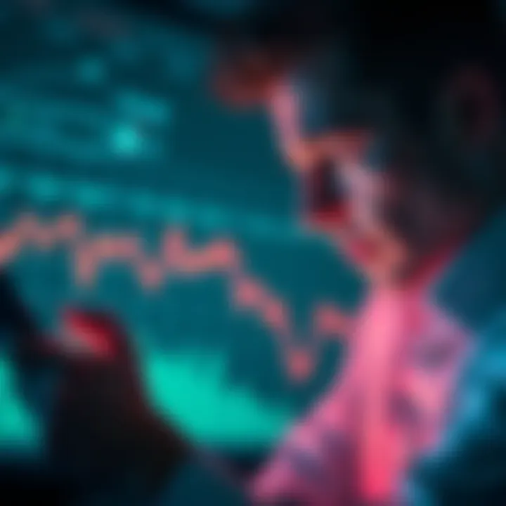 An investor looking at a graph showing the decline in Polkadot's value with a worried expression.