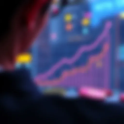 A person looking at a chart showing increasing Polkadot investment returns over time, with coins in the foreground representing staking rewards.