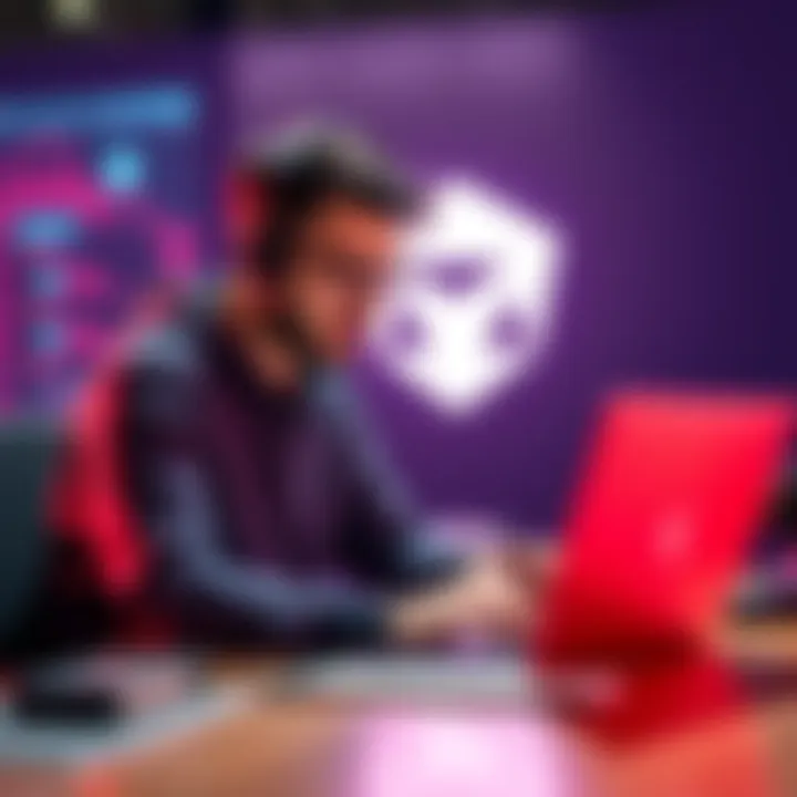 A developer working on a laptop with Polygon's logo in the background, highlighting its advantages in blockchain development.
