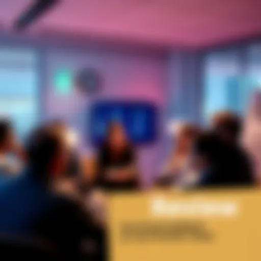 A group of people discussing a portfolio, providing feedback and suggestions in a collaborative environment.