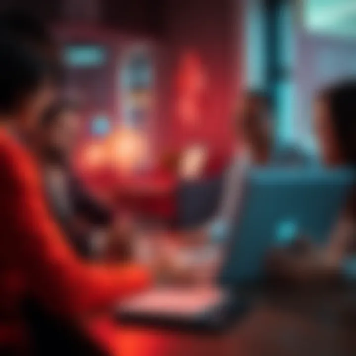 A person sharing their portfolio on a laptop with others giving feedback in a collaborative setting.