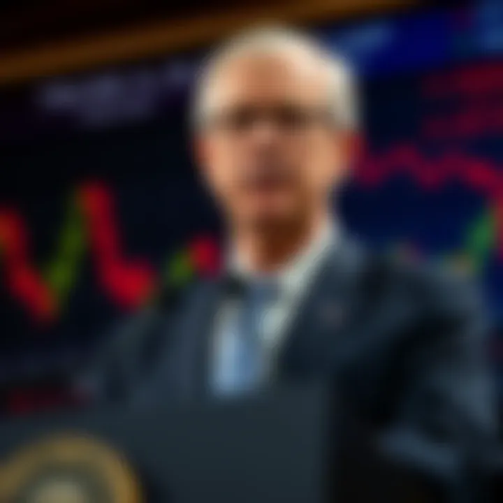Federal Reserve Chairman Jerome Powell speaks at a podium, discussing economic issues and Trump's policies, with charts showing interest rates in the background.