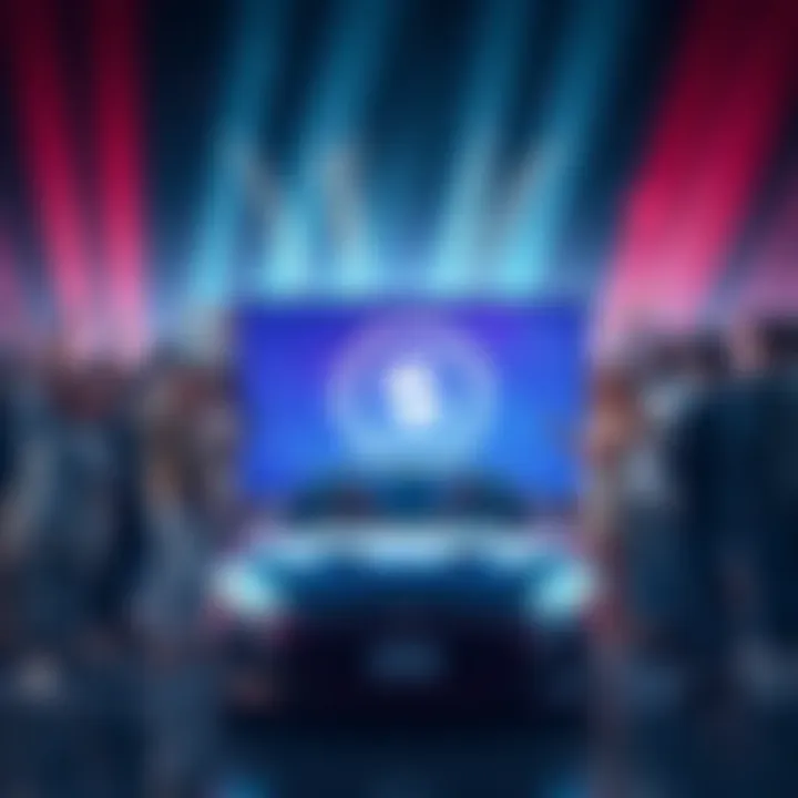 A diverse group of people celebrating around a digital screen showing the $POWSCHE logo and luxury cars, representing community and financial freedom.