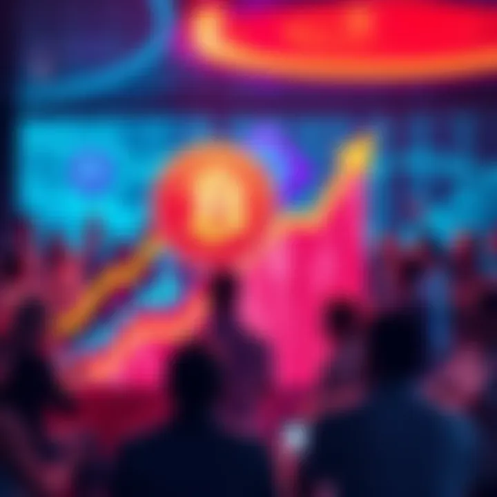 $POWSCHE token graphic showing a steep upward trend with vibrant colors, symbolizing its 185% price increase this month, surrounded by excited investors discussing in a community setting.