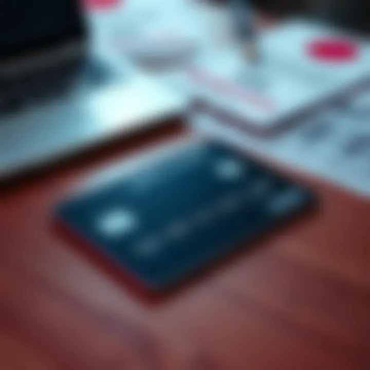 A close-up of a premium credit card lying on a wooden table, with a laptop and subscription documents in the background.