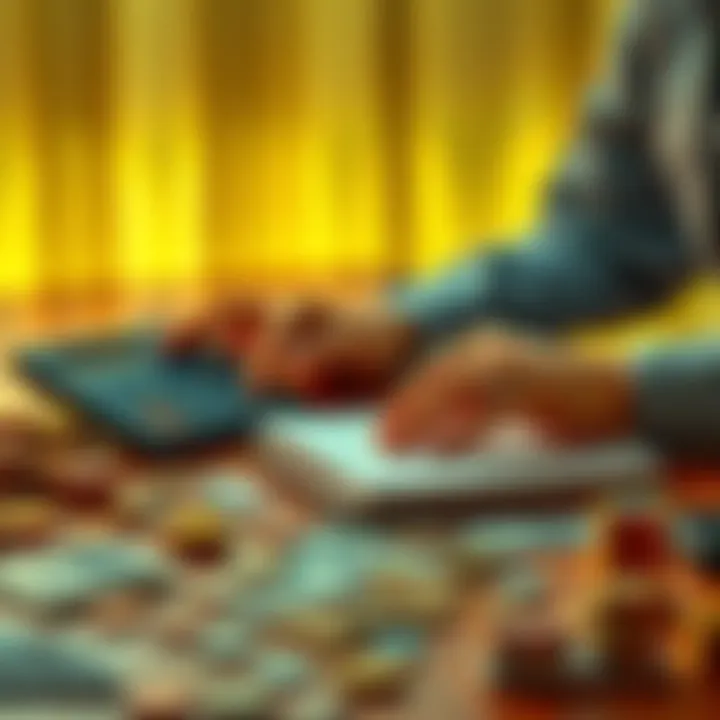 A person budgeting with a calculator and notebook on a table, surrounded by cash and coins.