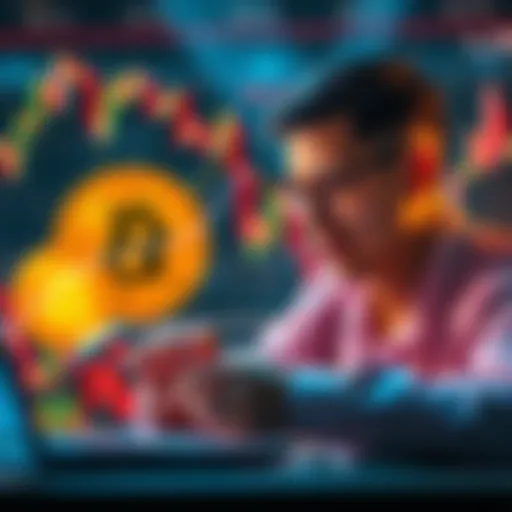 A person calculating profits from cryptocurrency investments with Bitcoin and charts in the background