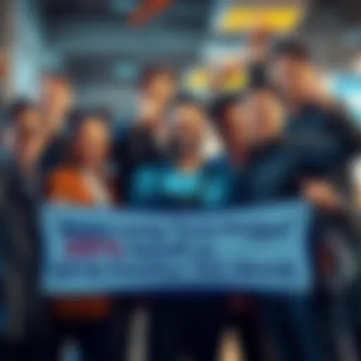A team celebrating the completion of a long-term project with a banner showing a 25% benefit, smiling and looking hopeful.
