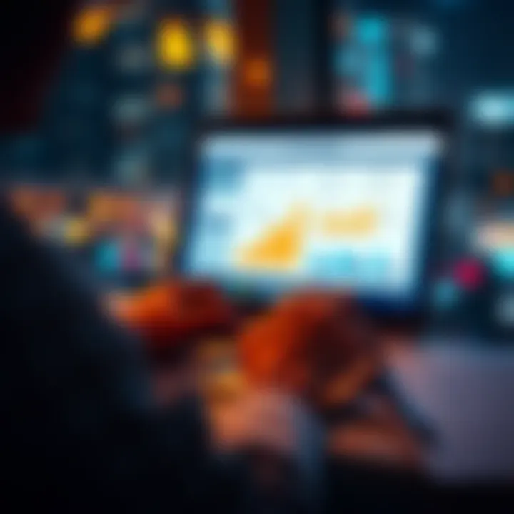 A person using a laptop to promote mobile applications with charts and feedback forms on the screen.