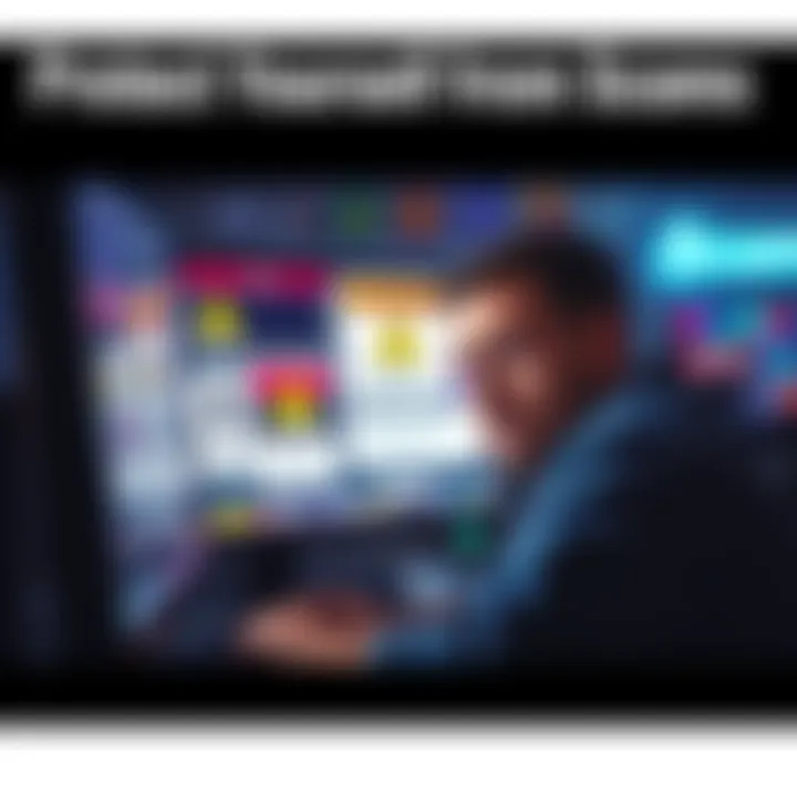 A person looking at a computer screen displaying warning signs of online scams with a concerned expression
