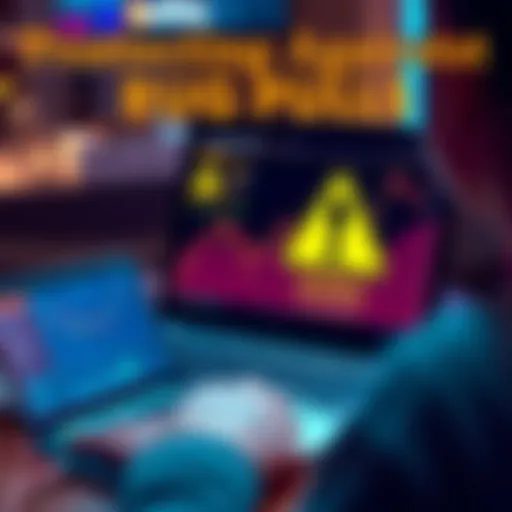 A person analyzing cryptocurrency trends on a laptop with warning signs about rug pulls visible on the screen