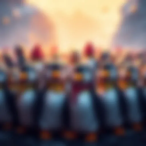 A group of colorful penguin characters representing the Pudgy Penguins cryptocurrency community, with a cheerful and engaging atmosphere.