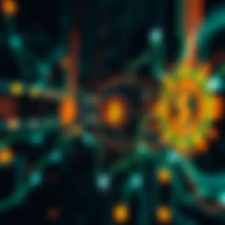Representation of Quant's technology with a focus on financial partnerships and innovation, featuring abstract digital elements and financial symbols.