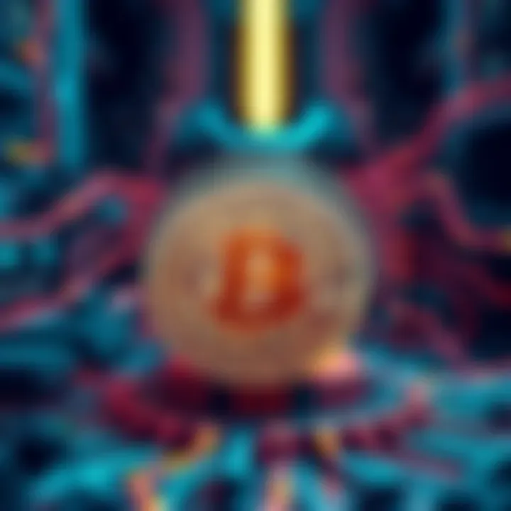 A visualization of a quantum computer looming over a Bitcoin logo, symbolizing potential security threats to cryptocurrency.