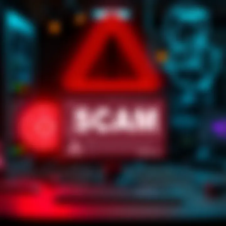 A warning sign with a computer and quantum symbols, highlighting a scam threat